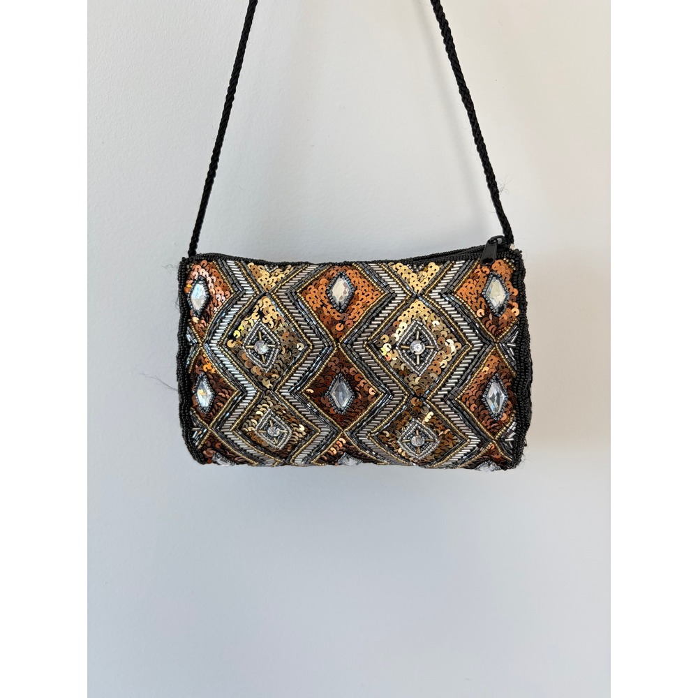 Vintage Beaded Sequin Crossbody Bag Geometric Diamond Copper Gold Silver Black